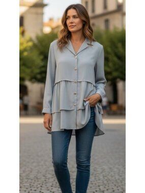 APART Tiered Light Blue Long Sleeve Blouse Ladies Large